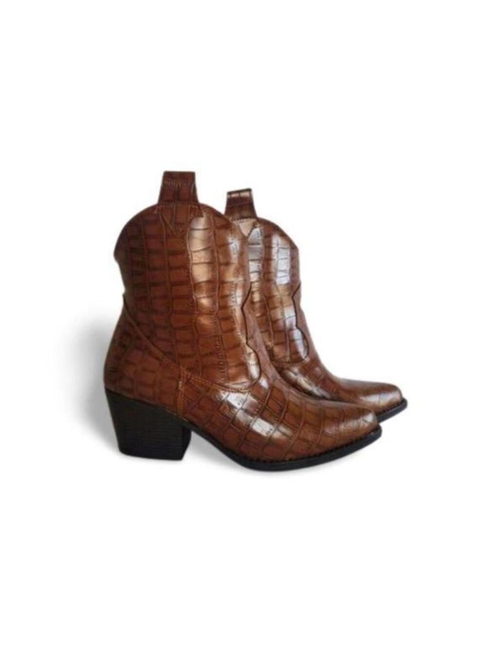 Womens Mid-Calf Boots Black Western Almond Toe Block Low Heel Booties, Brown